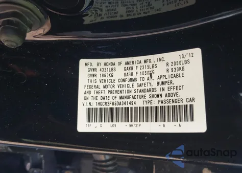 2013 Honda Accord Ex-L z USA, uszkodzony, nr VIN 1HGCR2F85DA041494